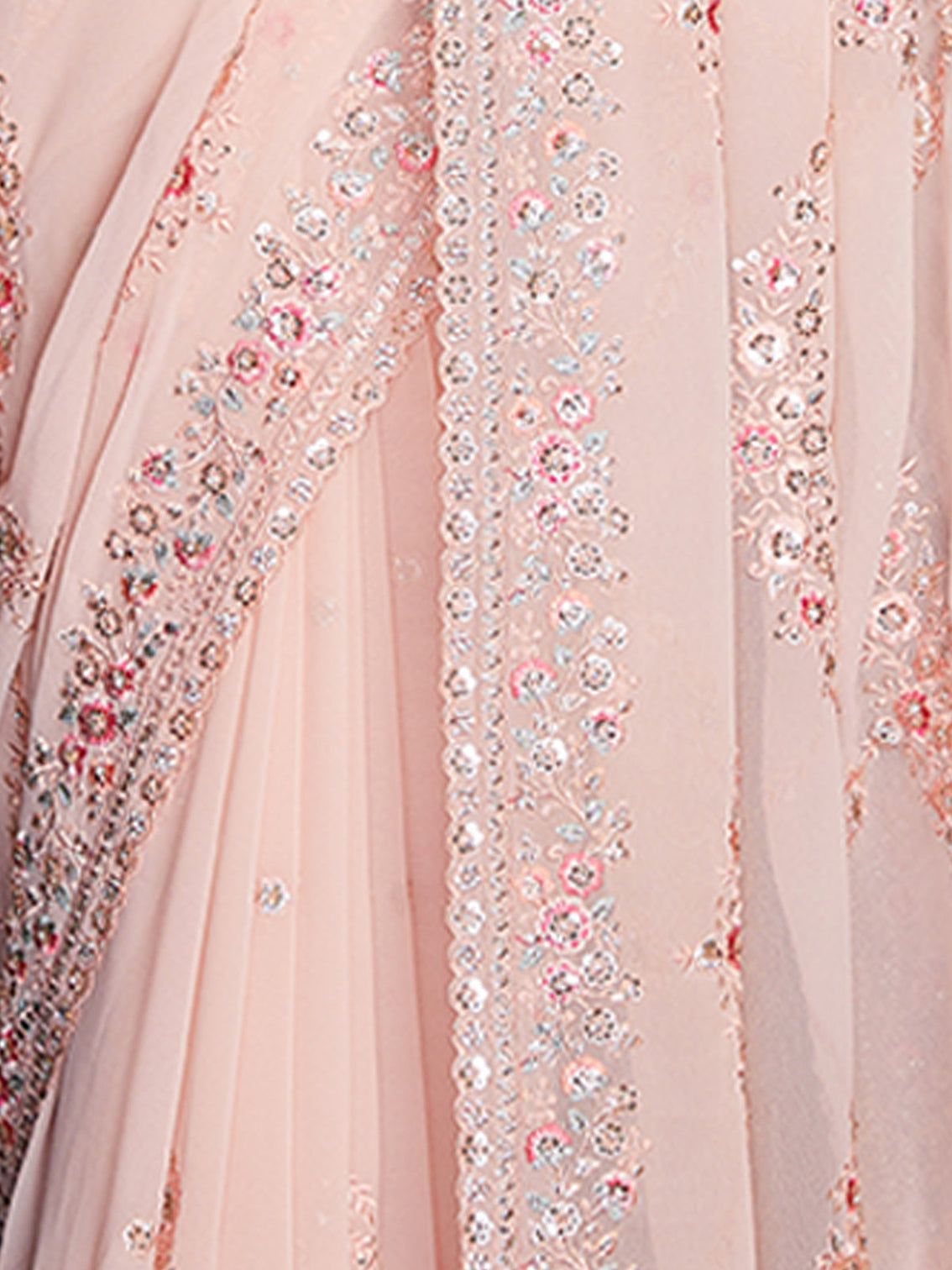 Peach Georgette Embroidered Saree With Unstitched Blouse