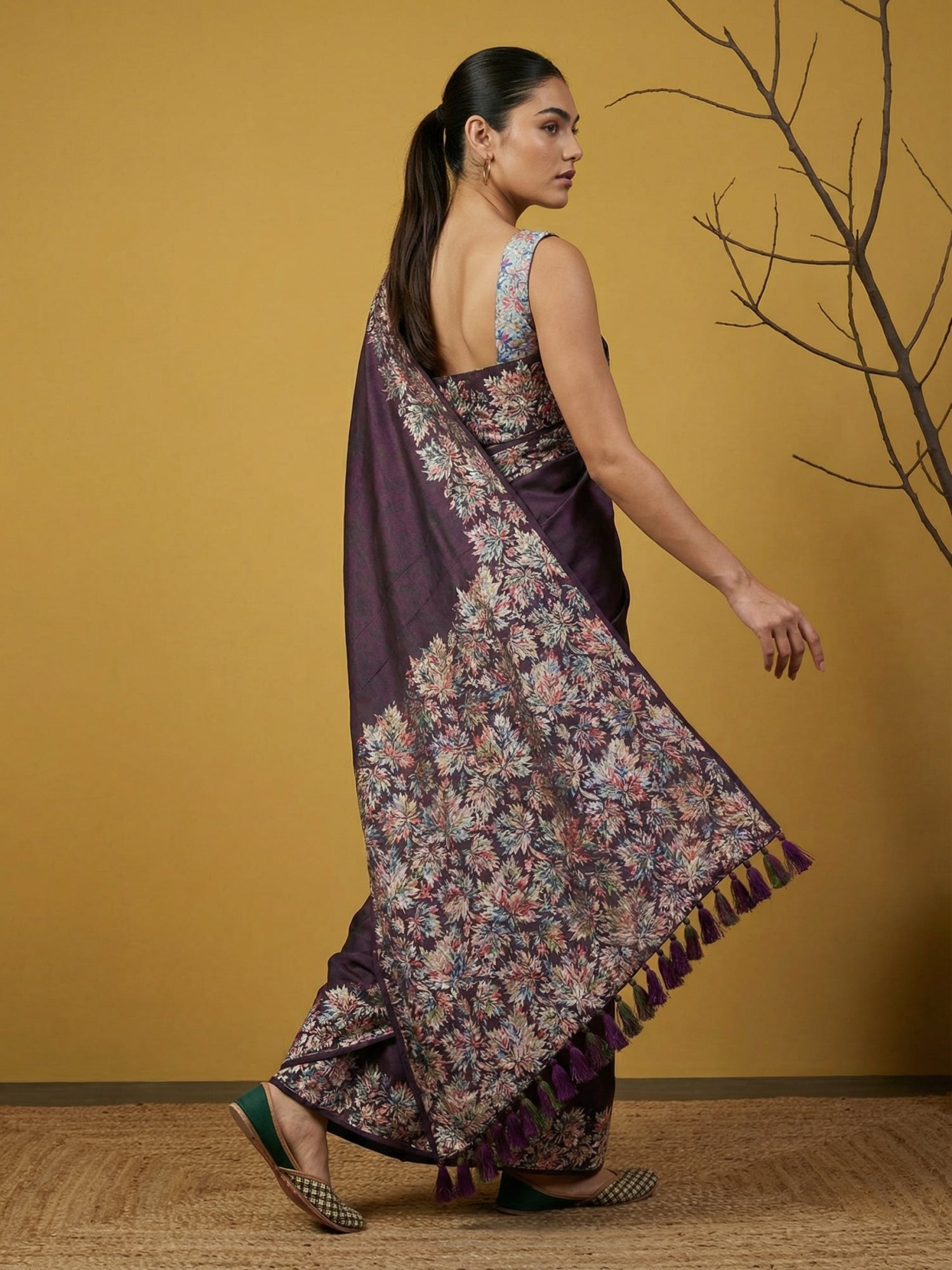 Soft Silk Printed Floral Saree with Rainbow Zari Woven Pallu and Contrast Blouse Festive Party Wear Saree