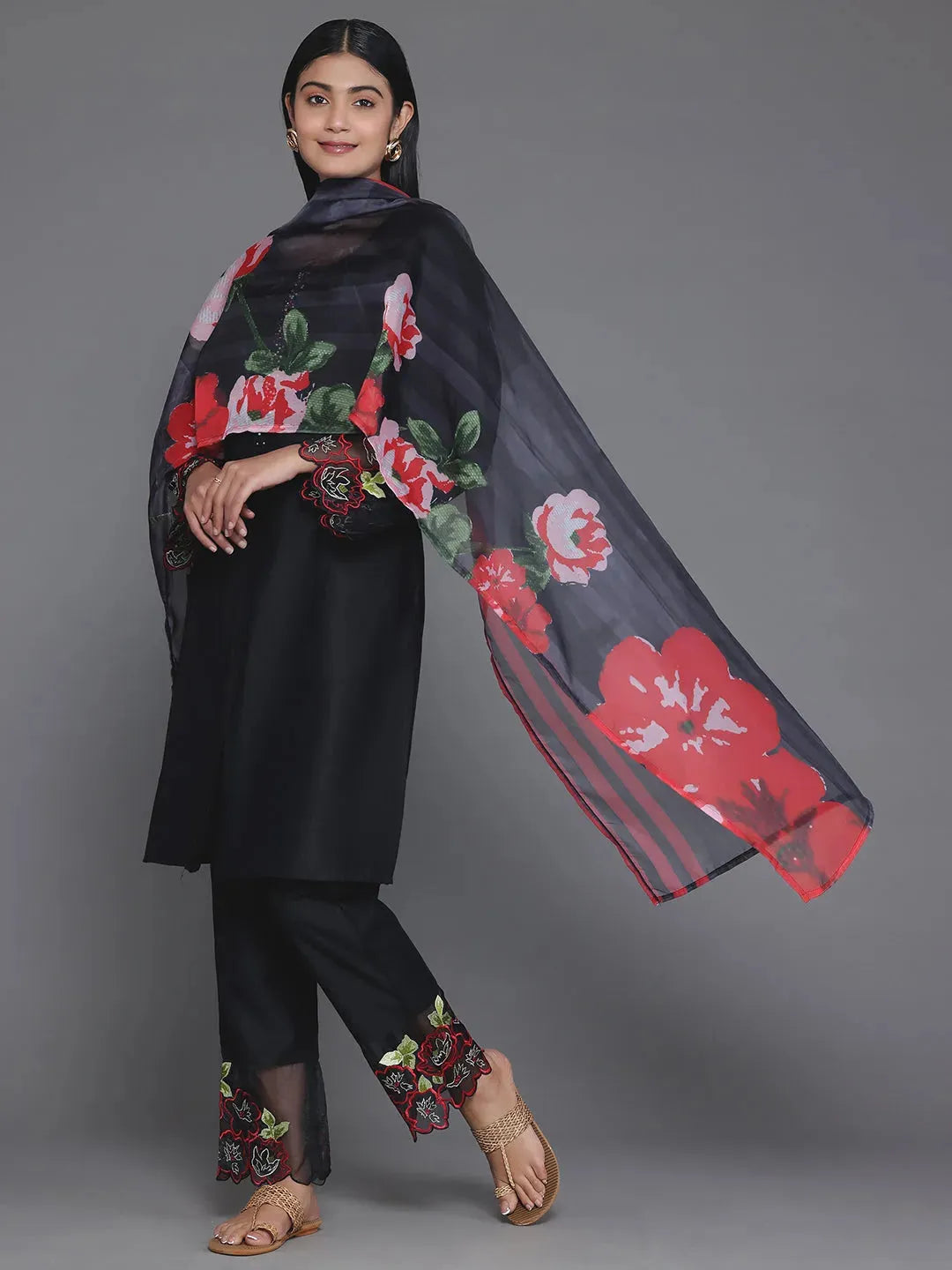 Mameraa Black Solid Silk Blend Straight Suit With Dupatta
