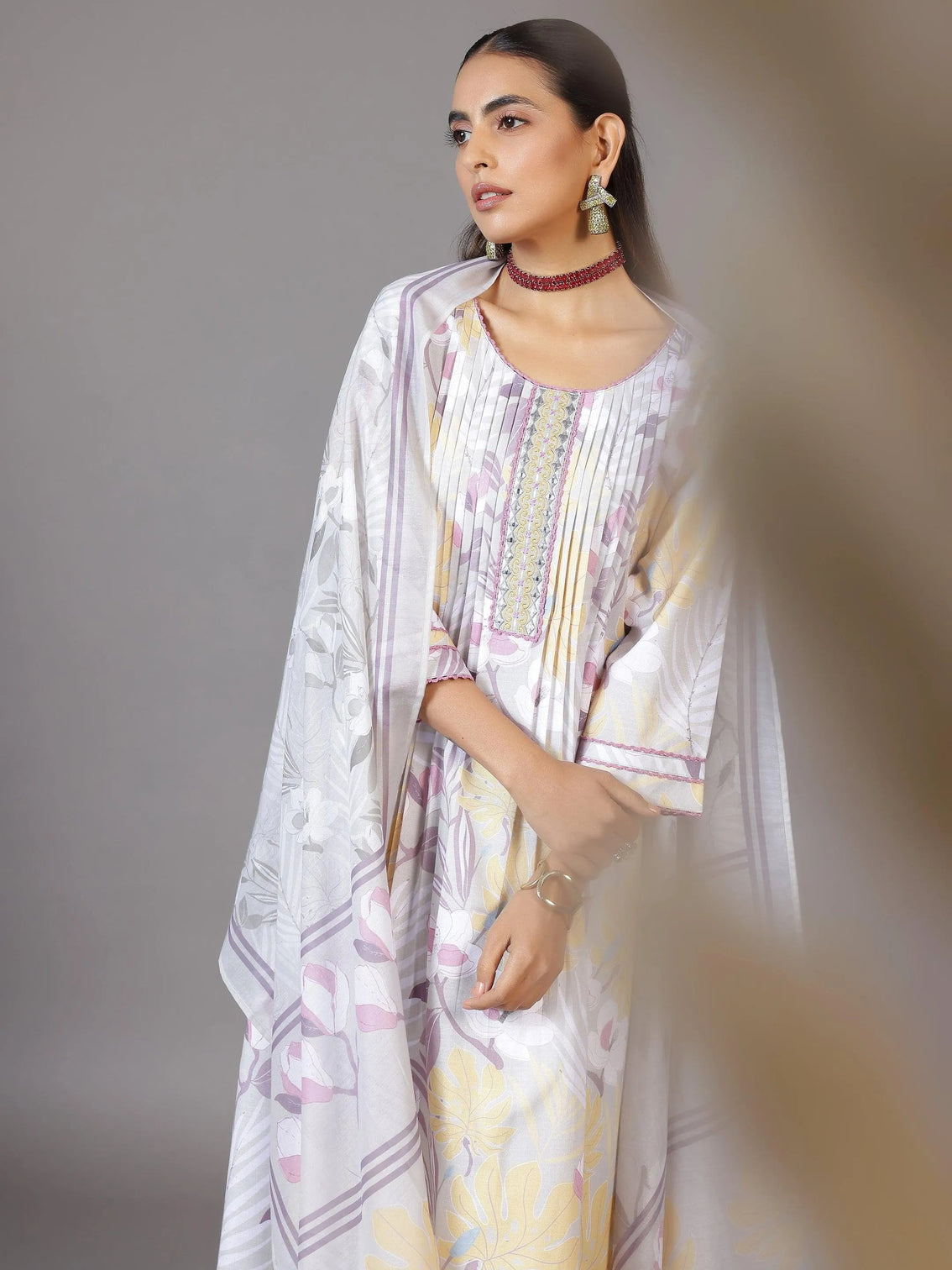 Mameraa Grey Printed Cotton Blend A-Line Kurta With Palazzos & Dupatta