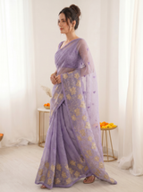 Lavender Pure Oris Silk Saree with Embroidered Lotus Buttis & Applique Border