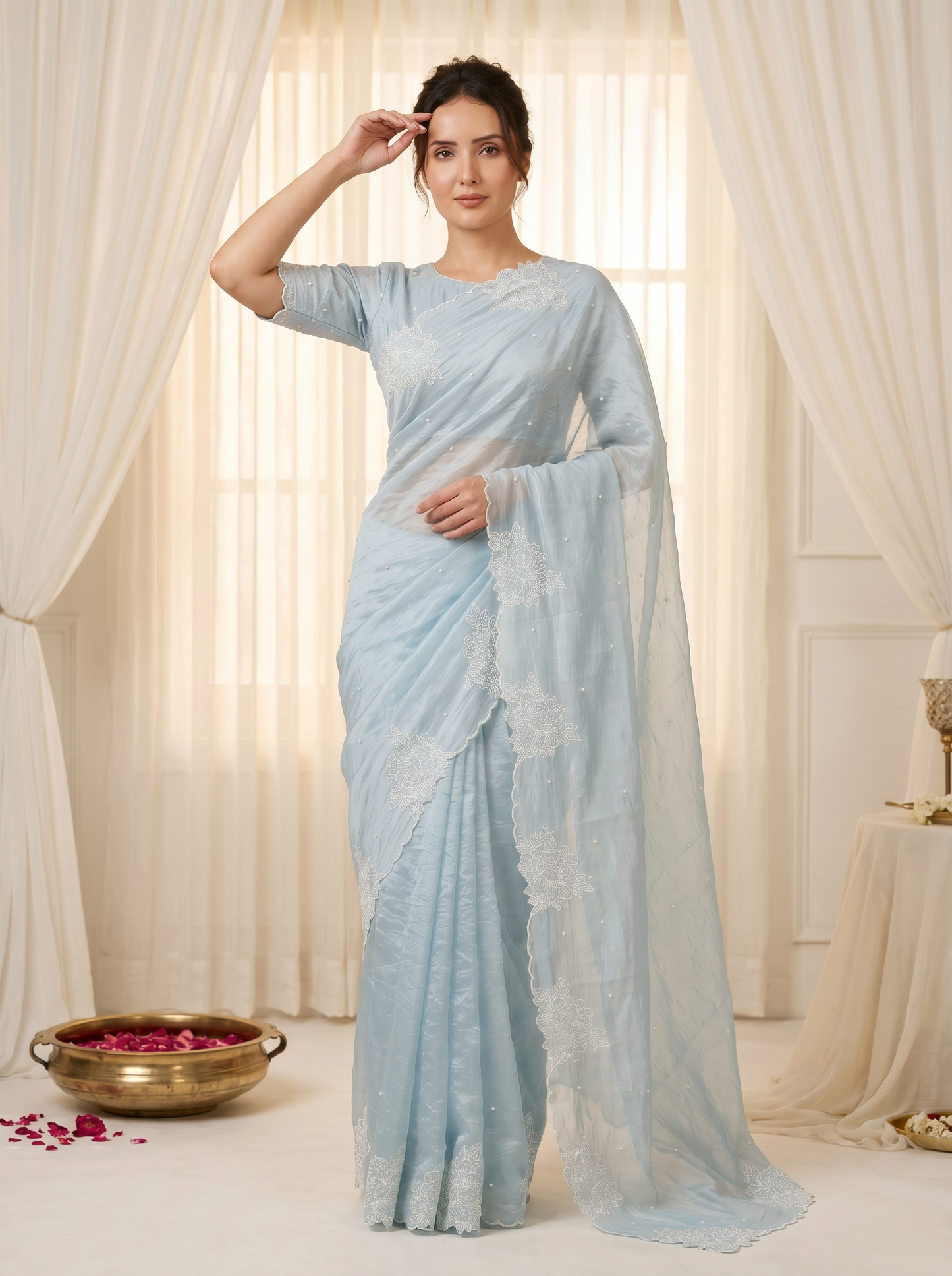 Sky Pure Raspberry Crush Silk Saree with Lucknowi Embroidery