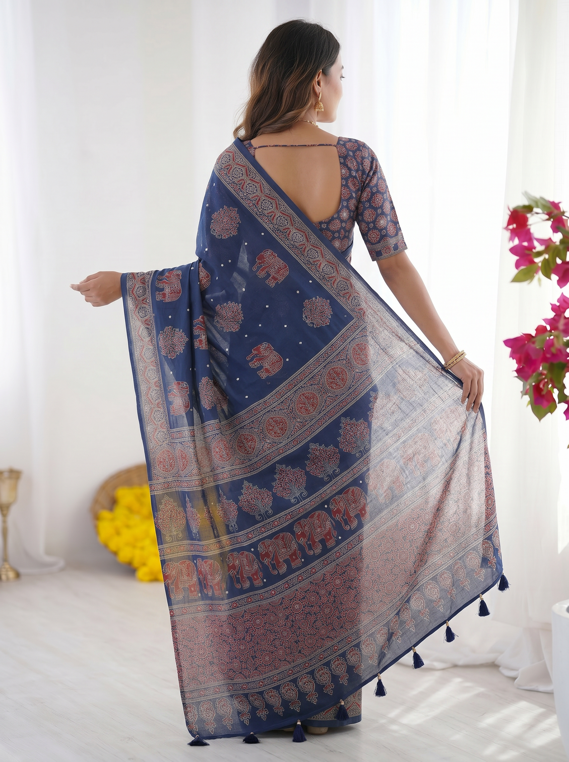 Royal blue modal silk saree with elephant motif heritage print designer pallu traditional festive wear saree