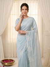 Sky Pure Raspberry Crush Silk Saree with Lucknowi Embroidery