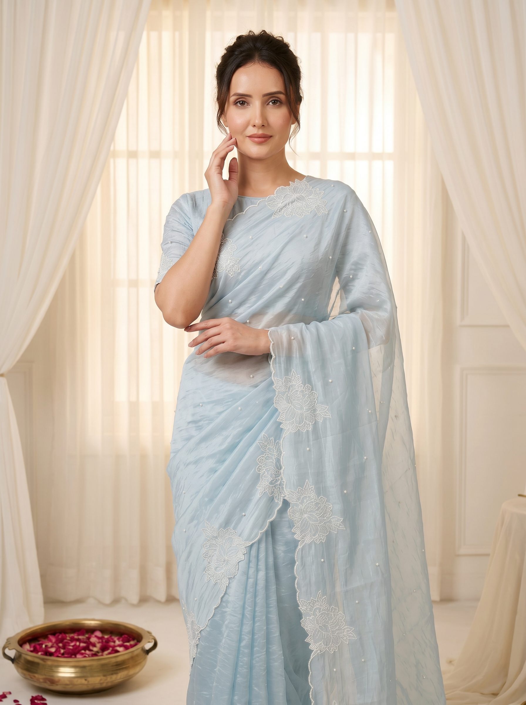 Sky Pure Raspberry Crush Silk Saree with Lucknowi Embroidery