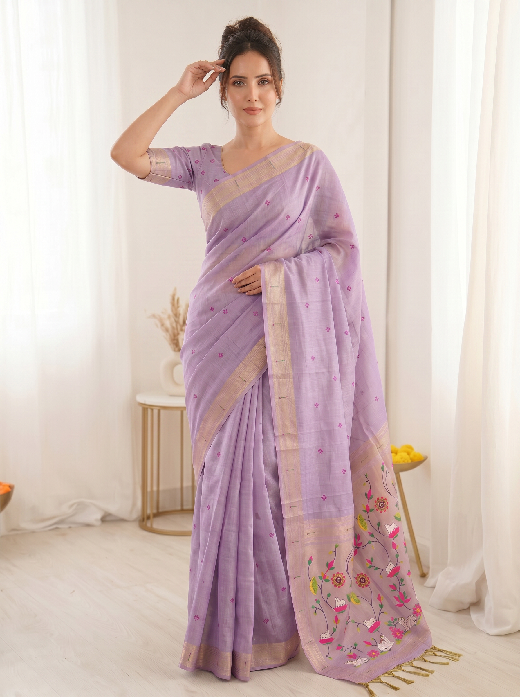 Lavender Premium Soft Muga Cotton Saree with Paithani Swan Meenakari Pallu