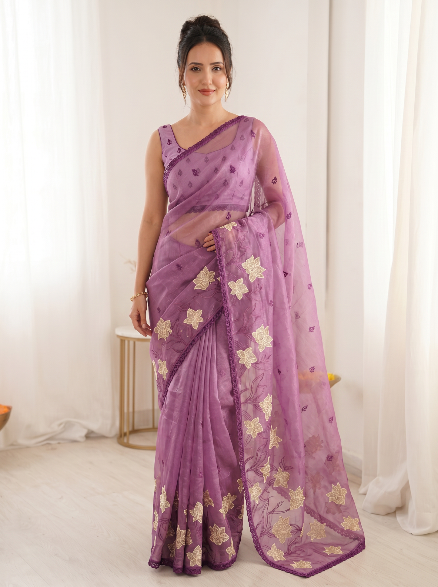 Pink Pure Oris Silk Saree with Embroidered Lotus Buttis & Applique Border