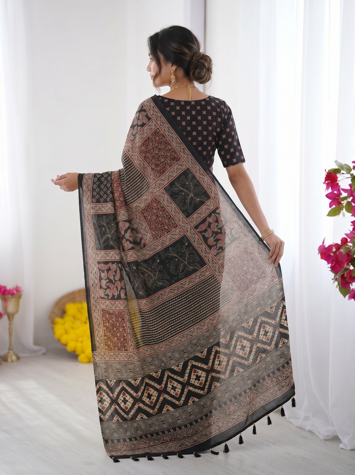 Black modal silk saree with tribal geometric print designer heritage pallu saree for festive wear