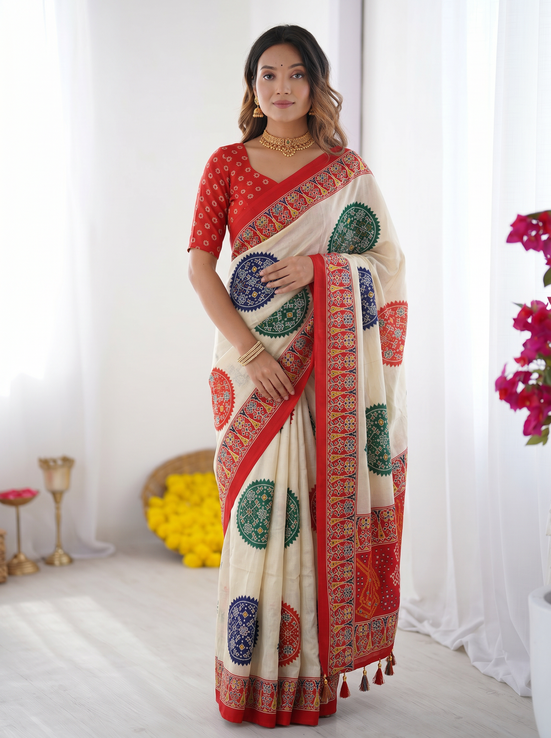 Ivory white vermilion red pure modal silk saree with multicolor mandala print traditional designer pallu