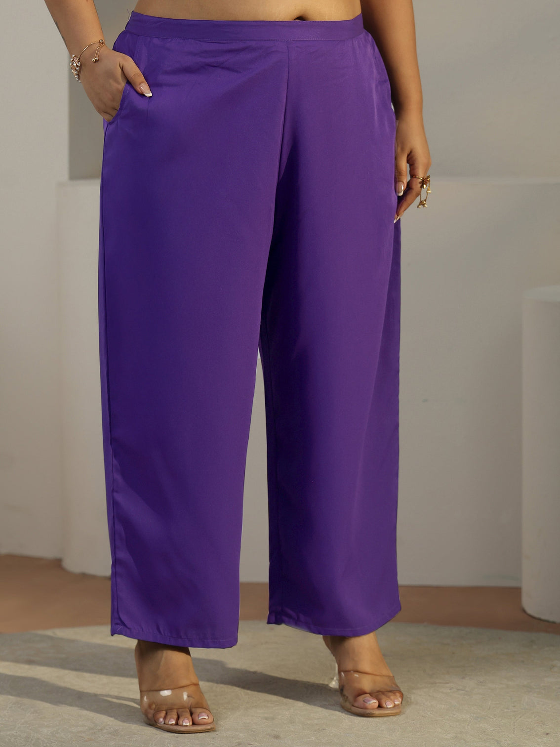 Plus Size Purple Floral Printed Silk Blend Straight Kurta Set
