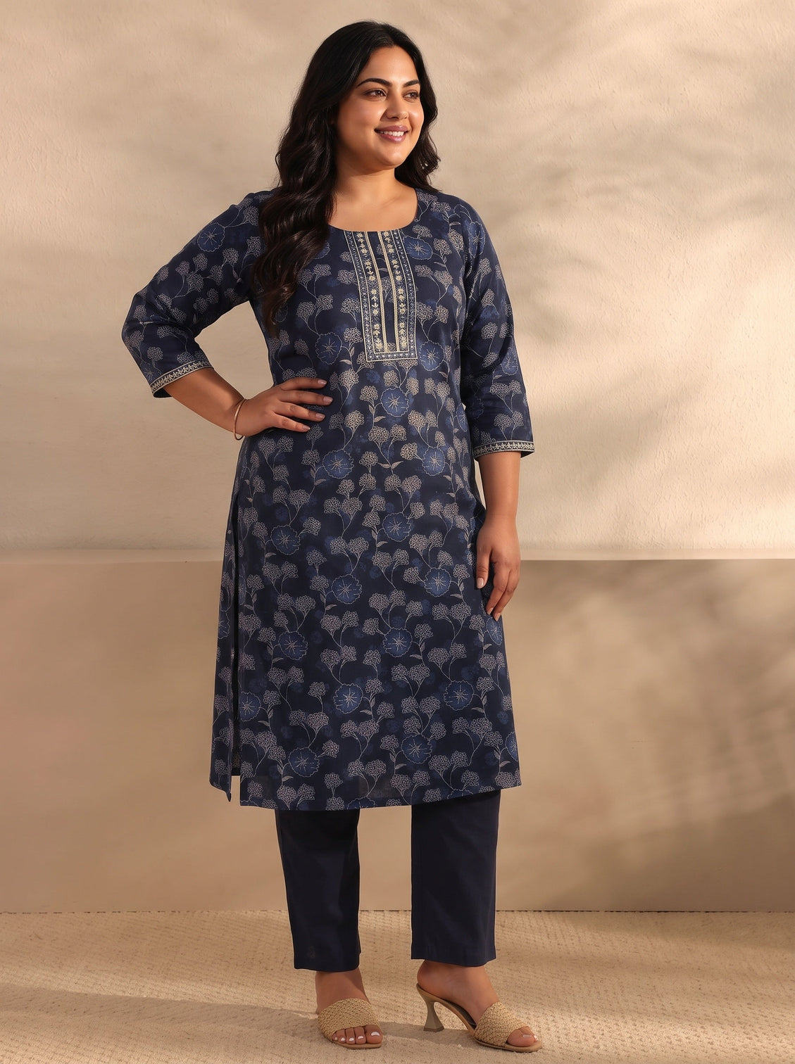 Plus Size Navy Blue Floral Printed Silk Blend Straight Kurta Set