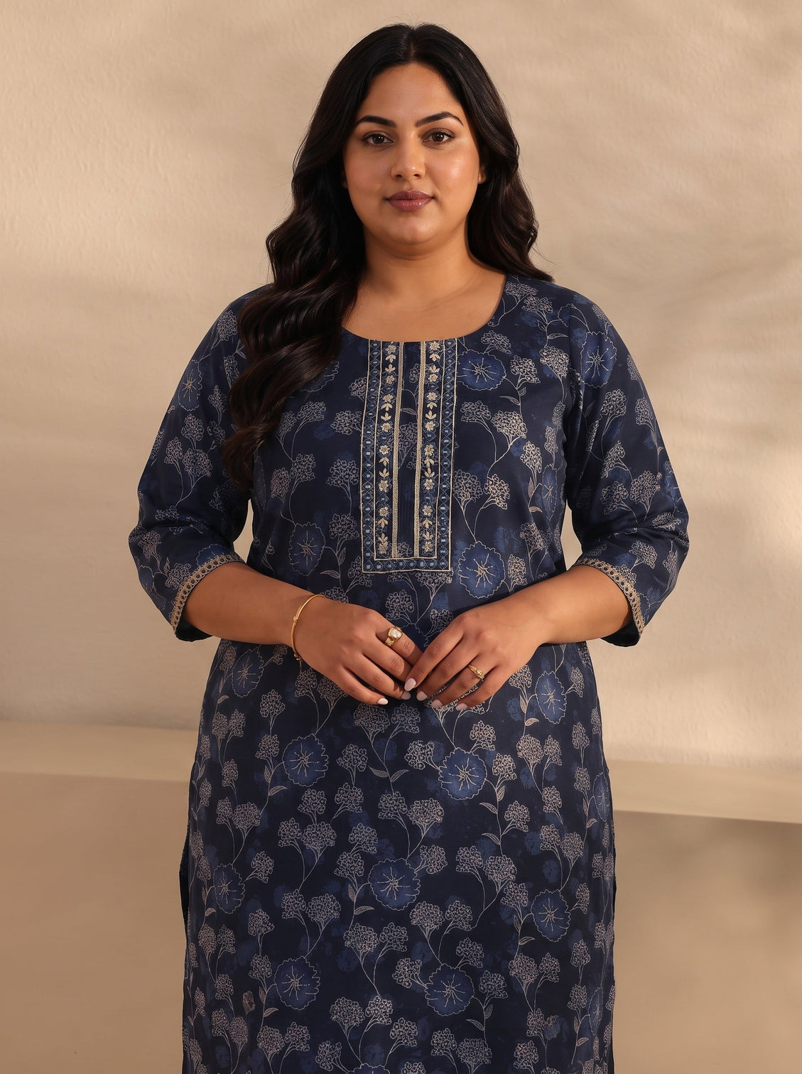 Plus Size Navy Blue Floral Printed Silk Blend Straight Kurta Set