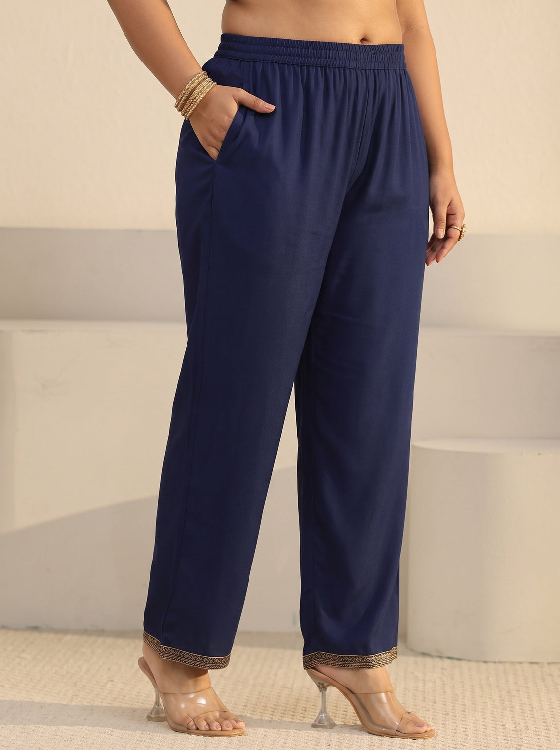 Plus Size Navy Blue Floral Embroidered Silk Blend Straight Suit Set