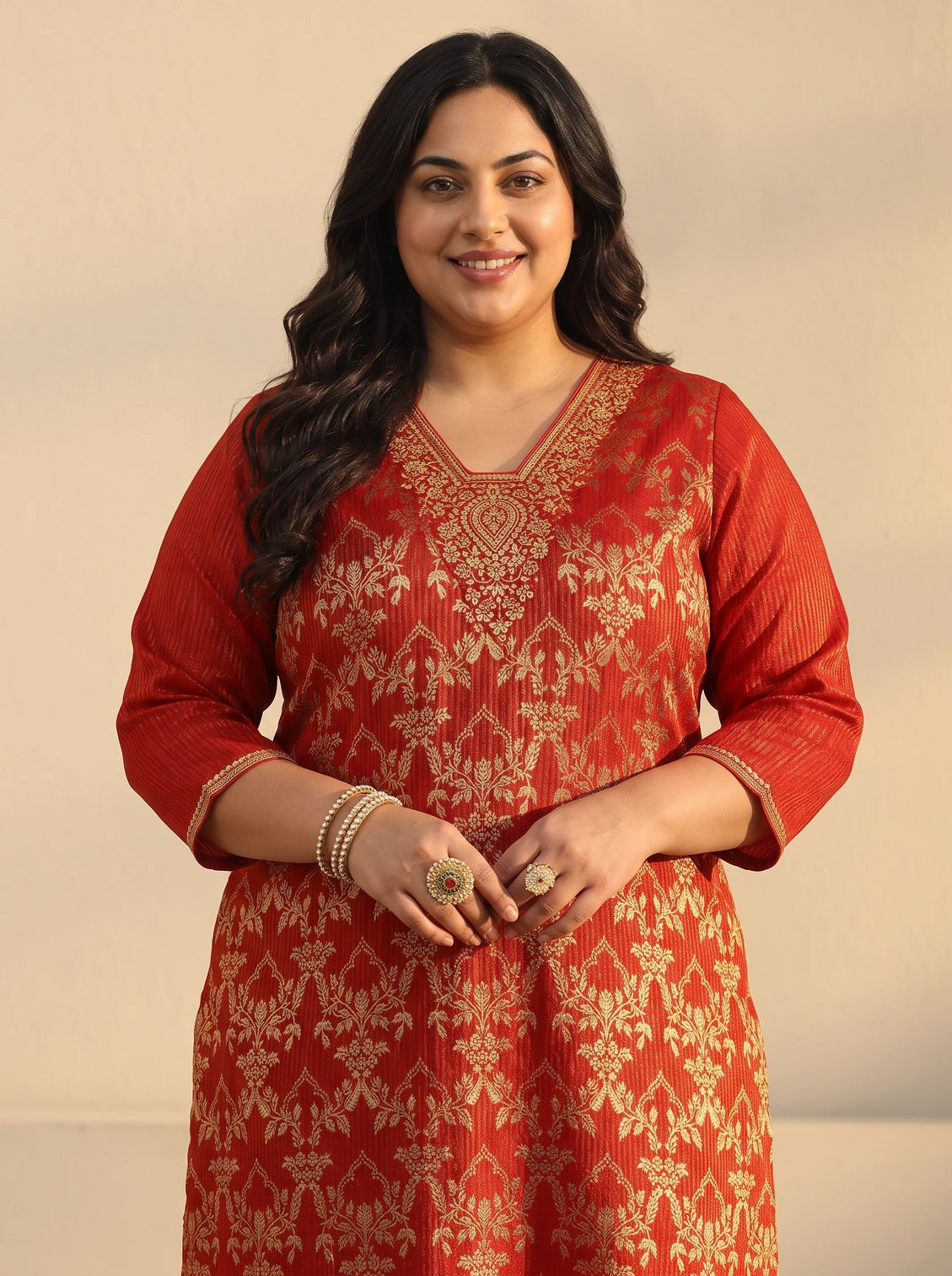 Plus Size Orange Floral Embroidered Silk Blend Straight Suit Set