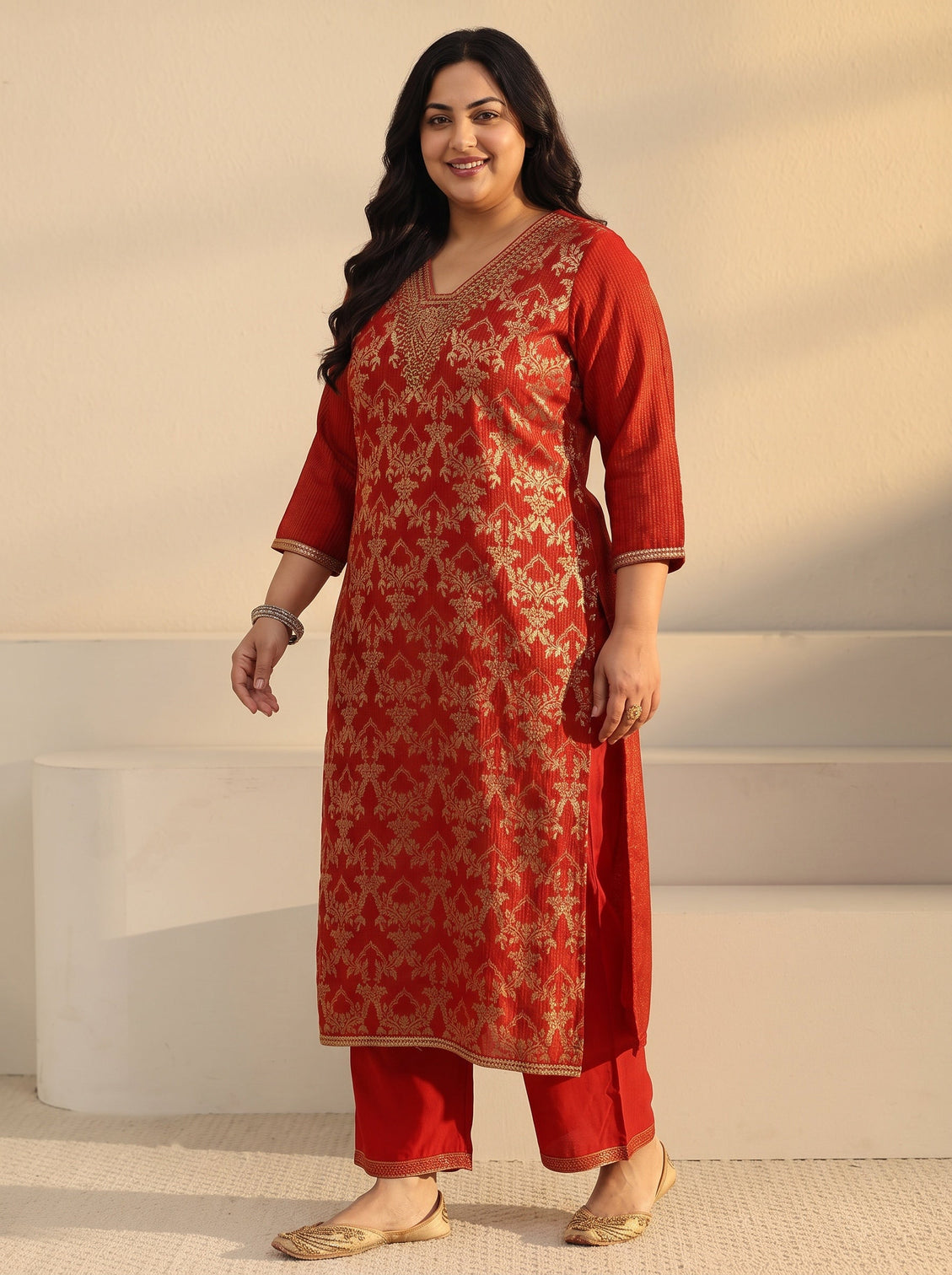 Plus Size Orange Floral Embroidered Silk Blend Straight Suit Set
