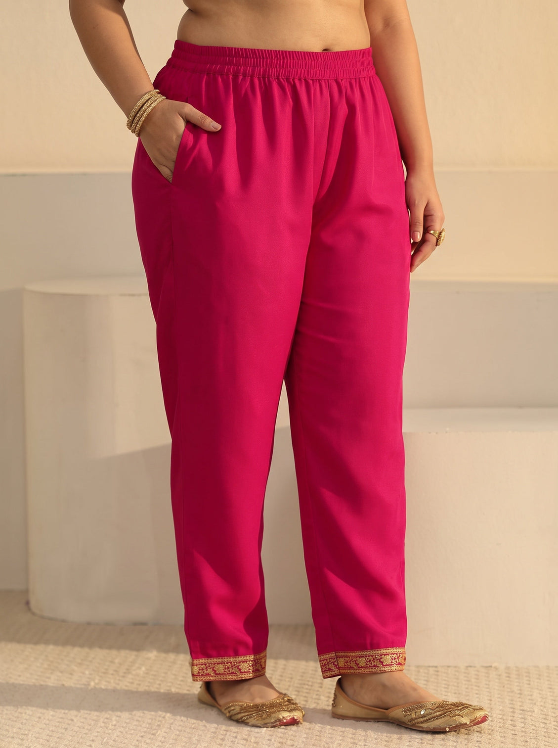 Plus Size Rani Pink Floral Embroidered Chinon Straight Suit Set