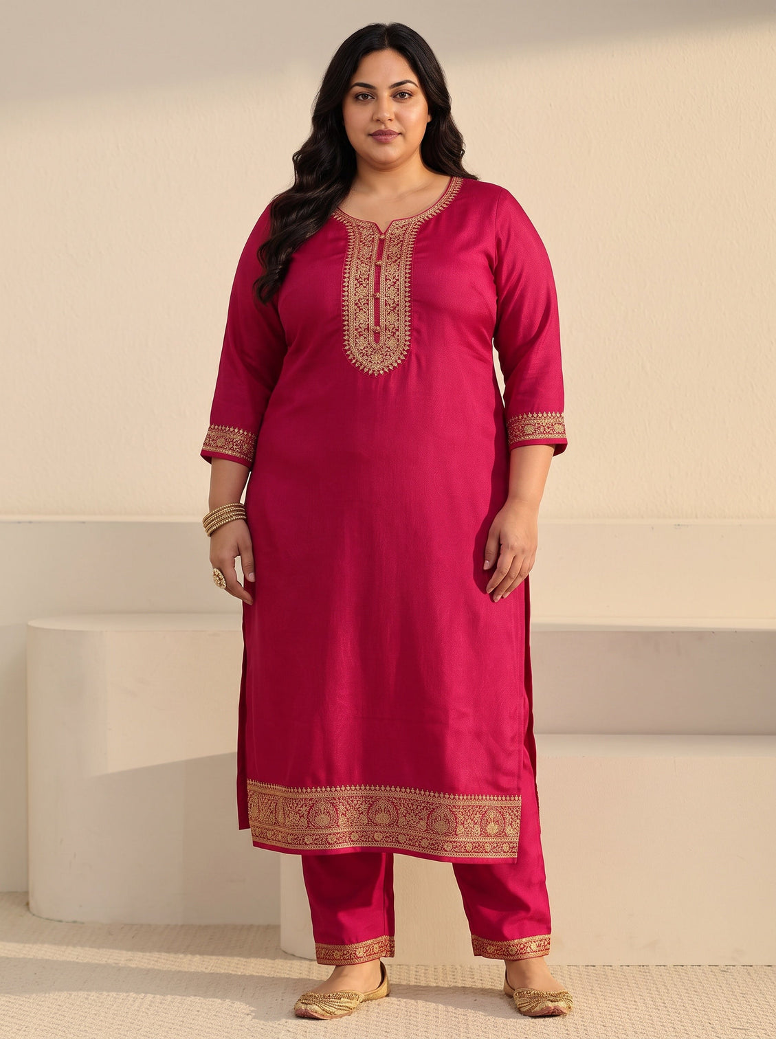 Plus Size Rani Pink Floral Embroidered Chinon Straight Suit Set