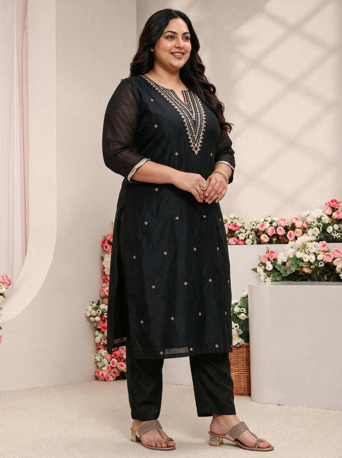 Plus Size Black Embroidered Silk Blend Straight Suit Set With Dupatta