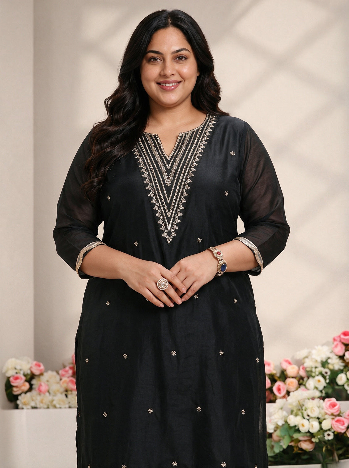 Plus Size Black Embroidered Silk Blend Straight Suit Set With Dupatta