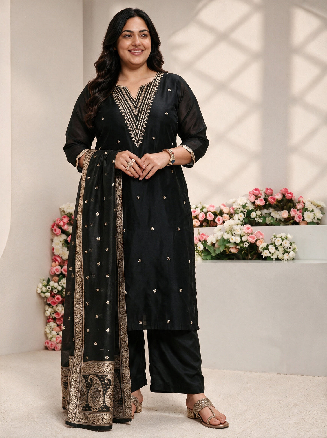 Plus Size Black Embroidered Silk Blend Straight Suit Set With Dupatta