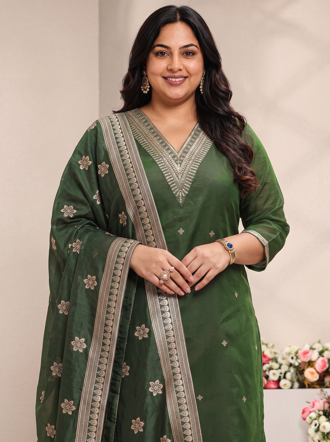 Plus Size Green Embroidered Silk Blend Straight Suit Set With Dupatta
