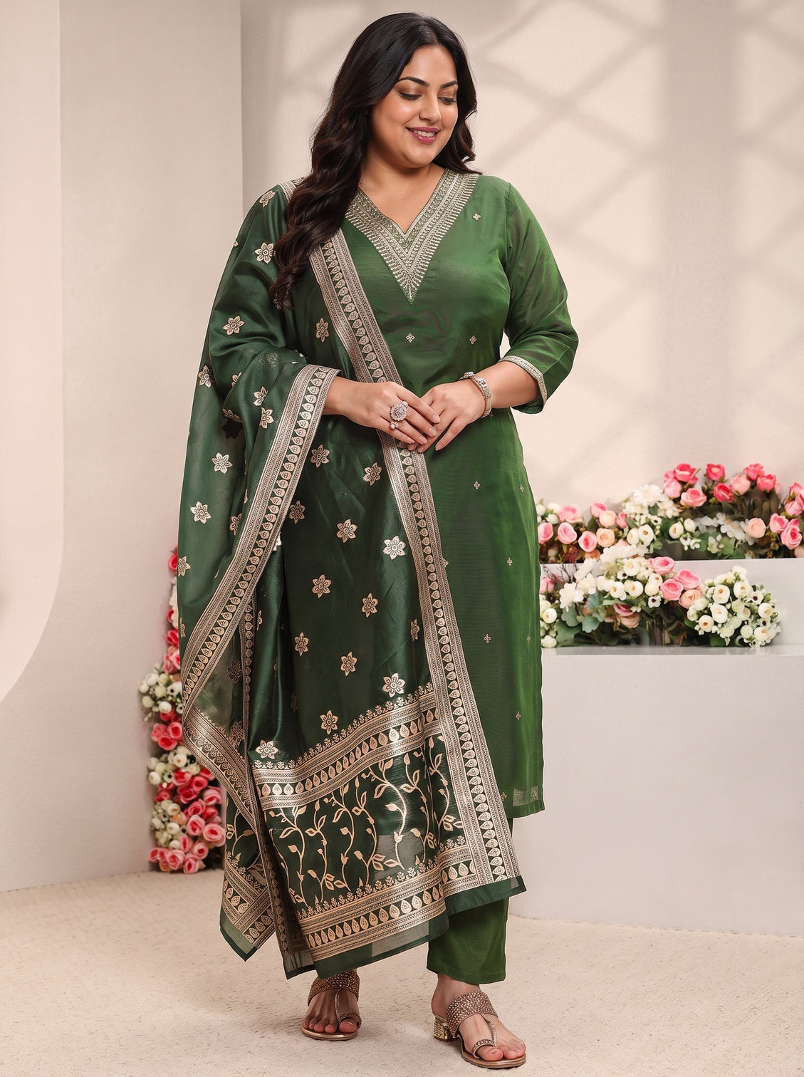 Plus Size Green Embroidered Silk Blend Straight Suit Set With Dupatta