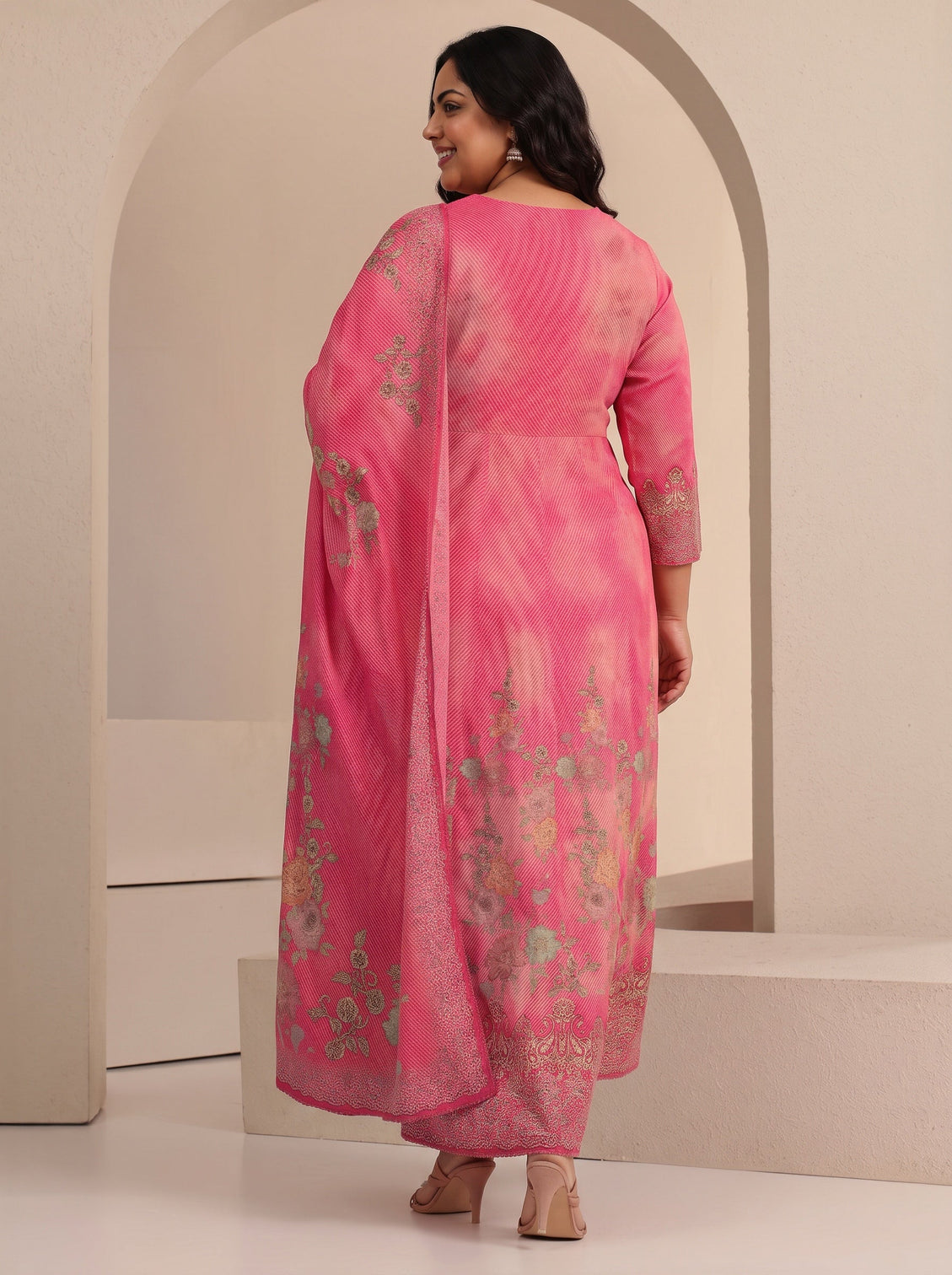 Plus Size Pink Floral Printed Cotton Anarkali Suit Set