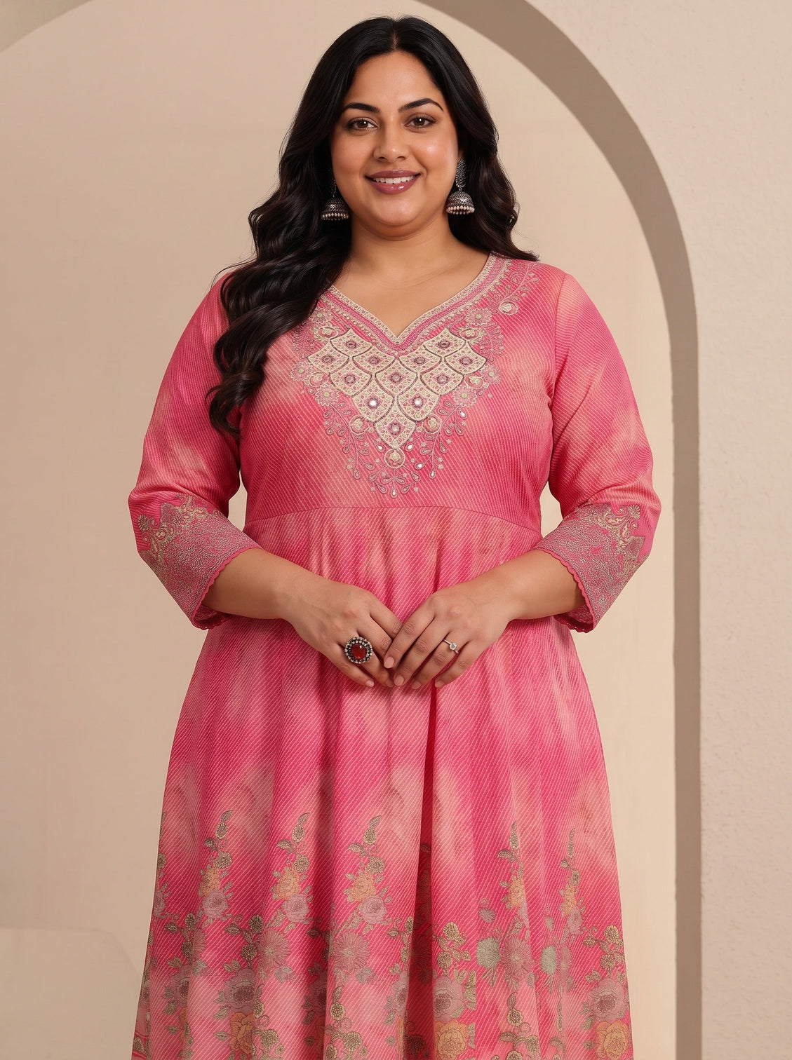 Plus Size Pink Floral Printed Cotton Anarkali Suit Set