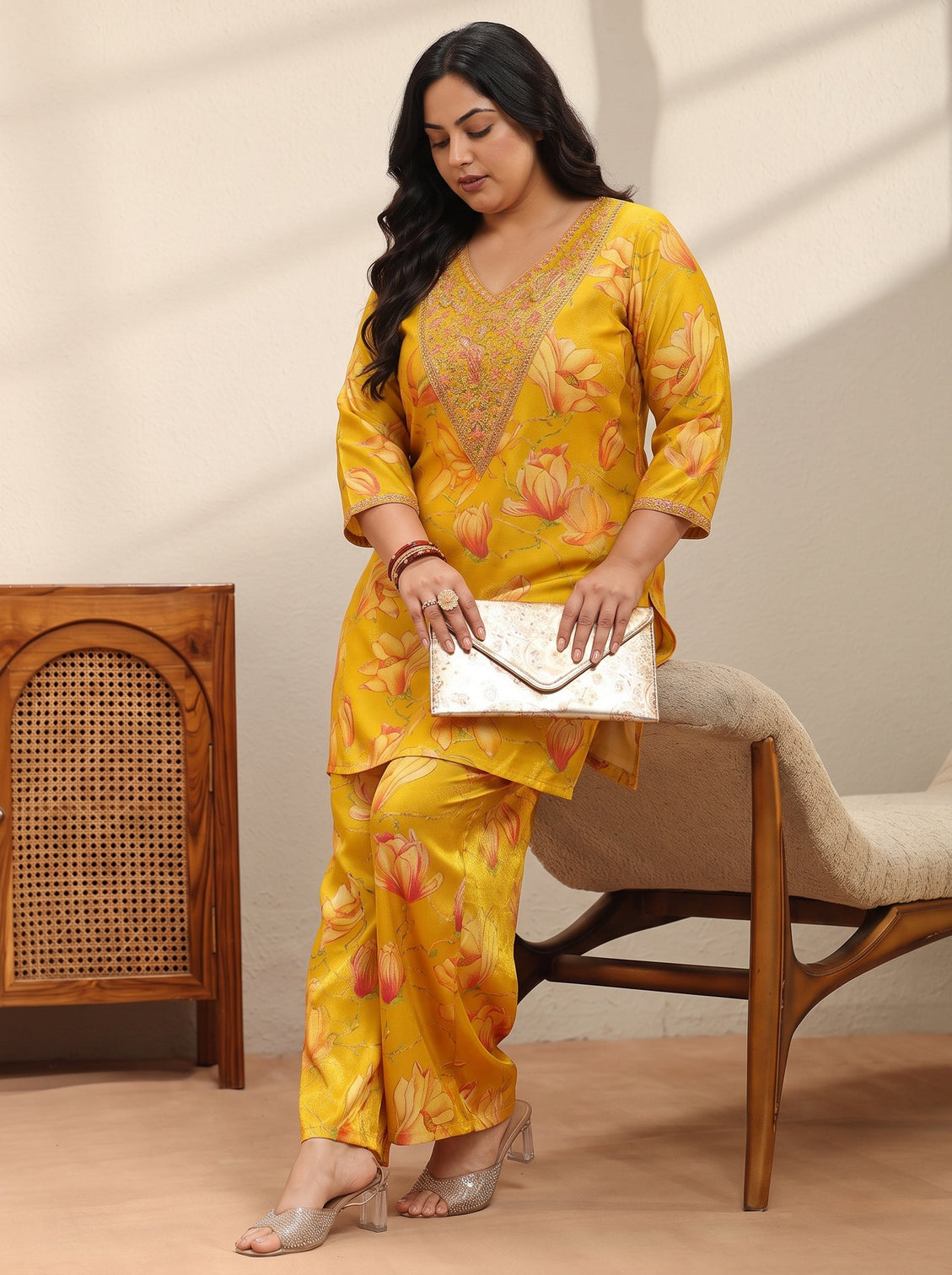 Plus Size Mustard Floral Print Silk Blend Co-Ord Set