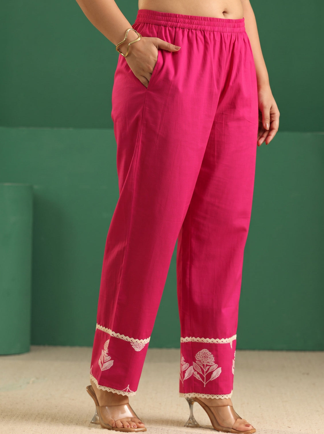Plus Size Fuchsia Pink Floral Printed Cotton Straight Suit Set