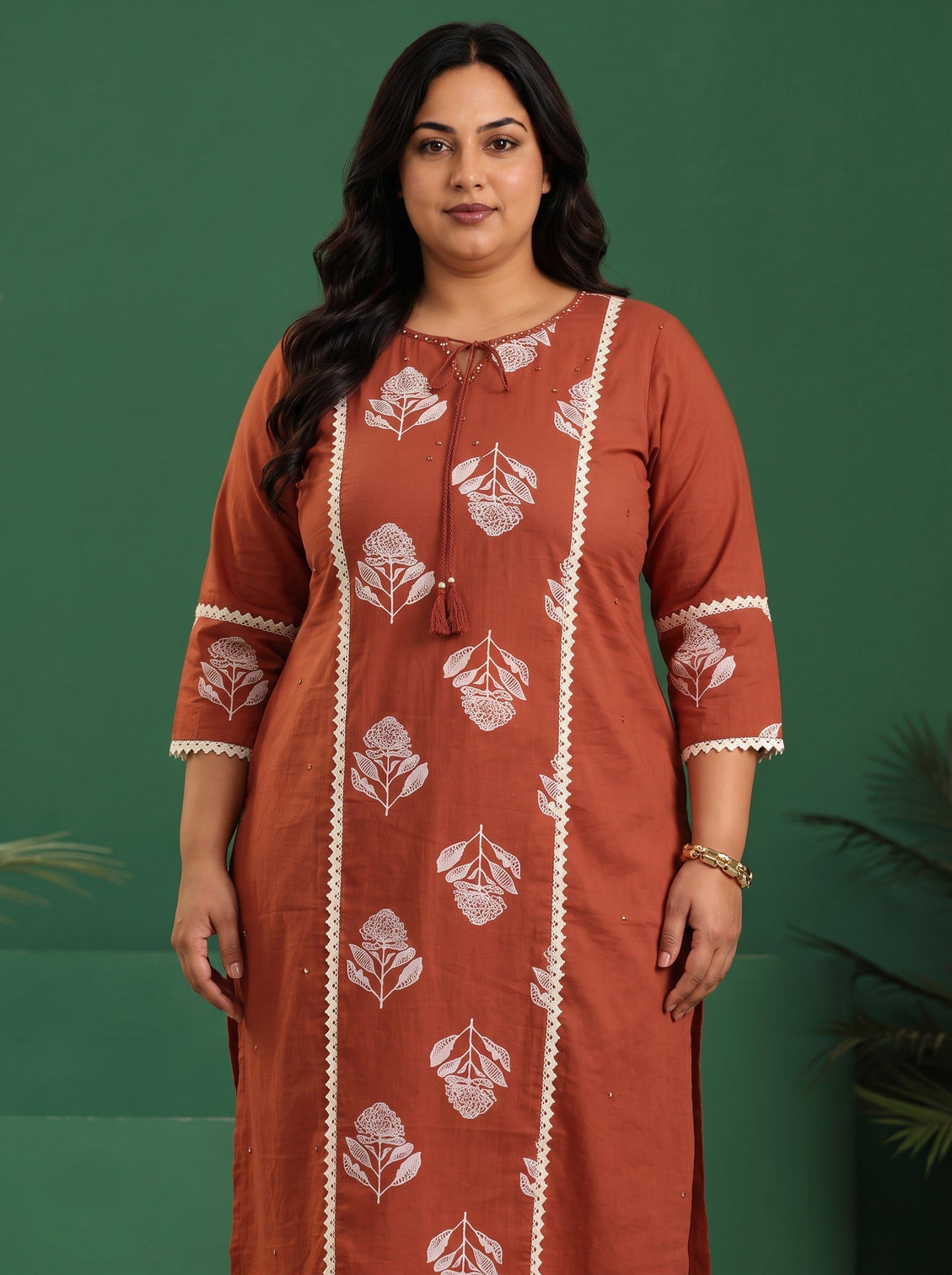 Plus Size Burnt Orange Floral Printed Cotton Straight Suit Set