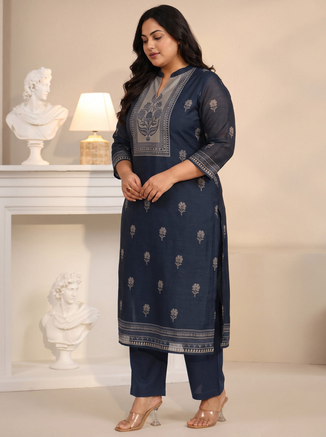 Plus Size Navy Blue Printed Yoke Chanderi Silk Straight Suit Set