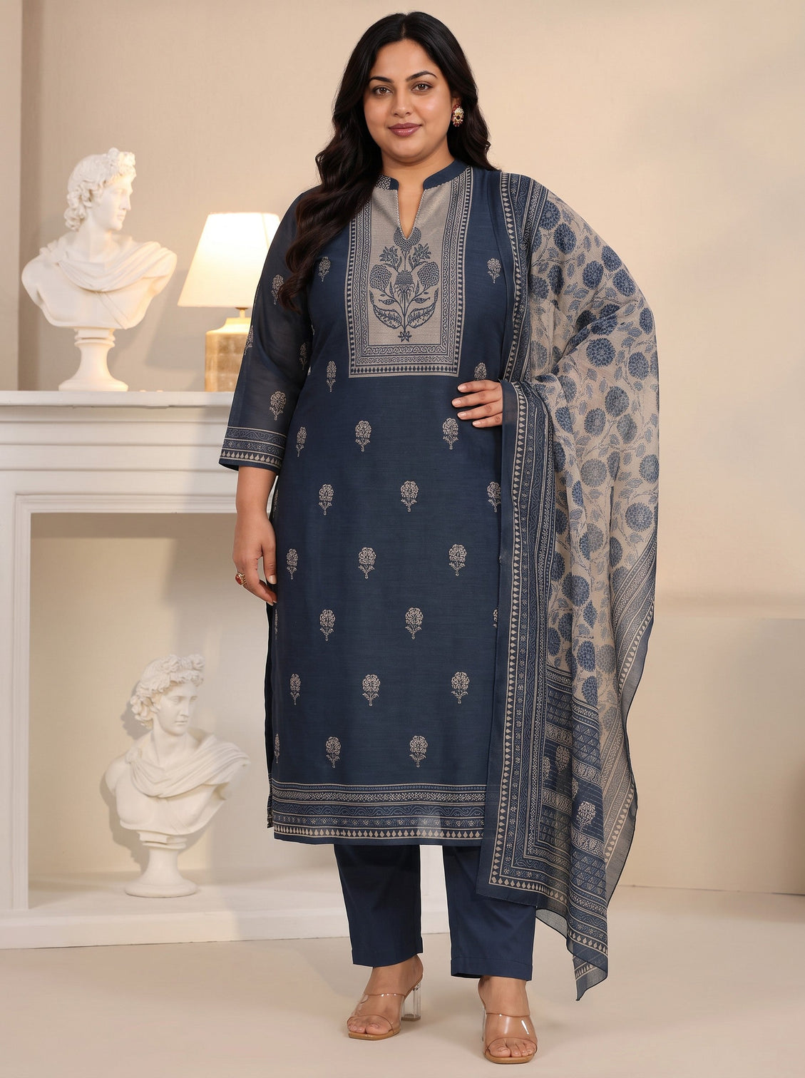 Plus Size Navy Blue Printed Yoke Chanderi Silk Straight Suit Set