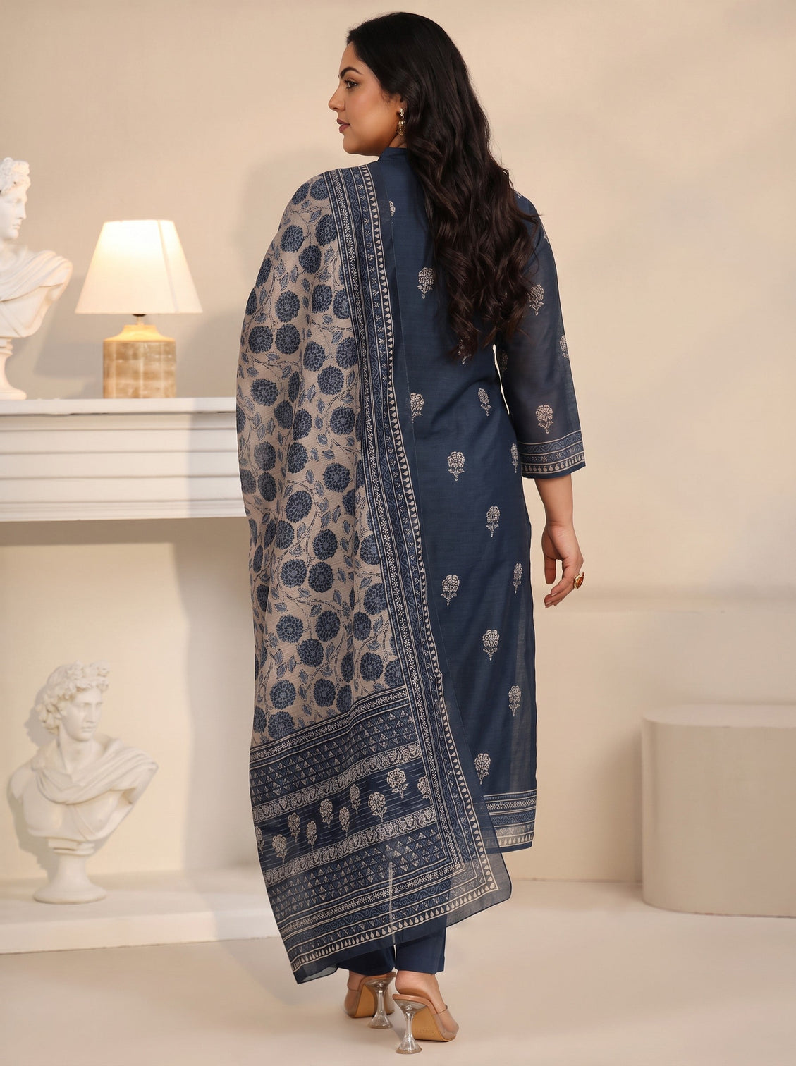 Plus Size Navy Blue Printed Yoke Chanderi Silk Straight Suit Set