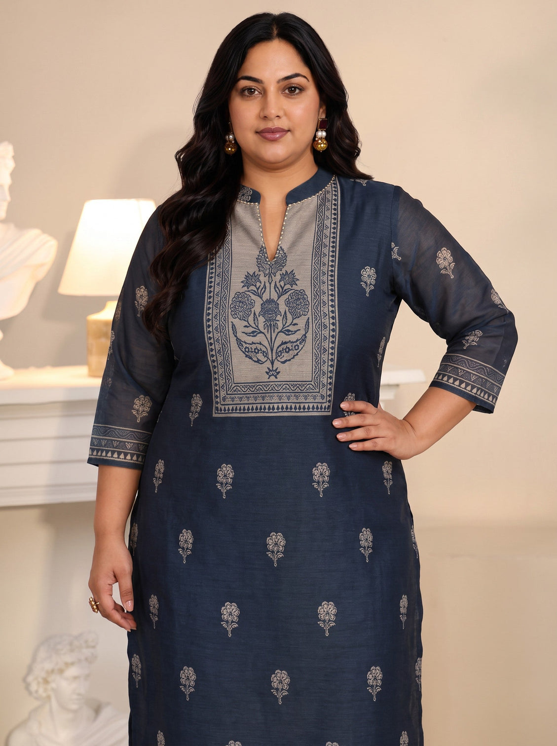 Plus Size Navy Blue Printed Yoke Chanderi Silk Straight Suit Set