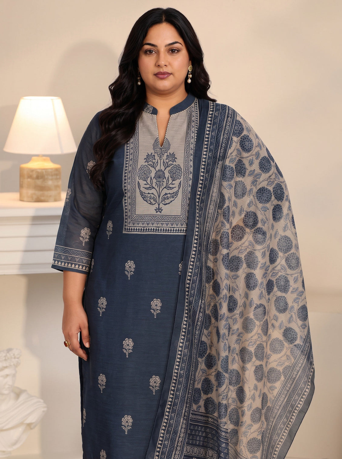 Plus Size Navy Blue Printed Yoke Chanderi Silk Straight Suit Set