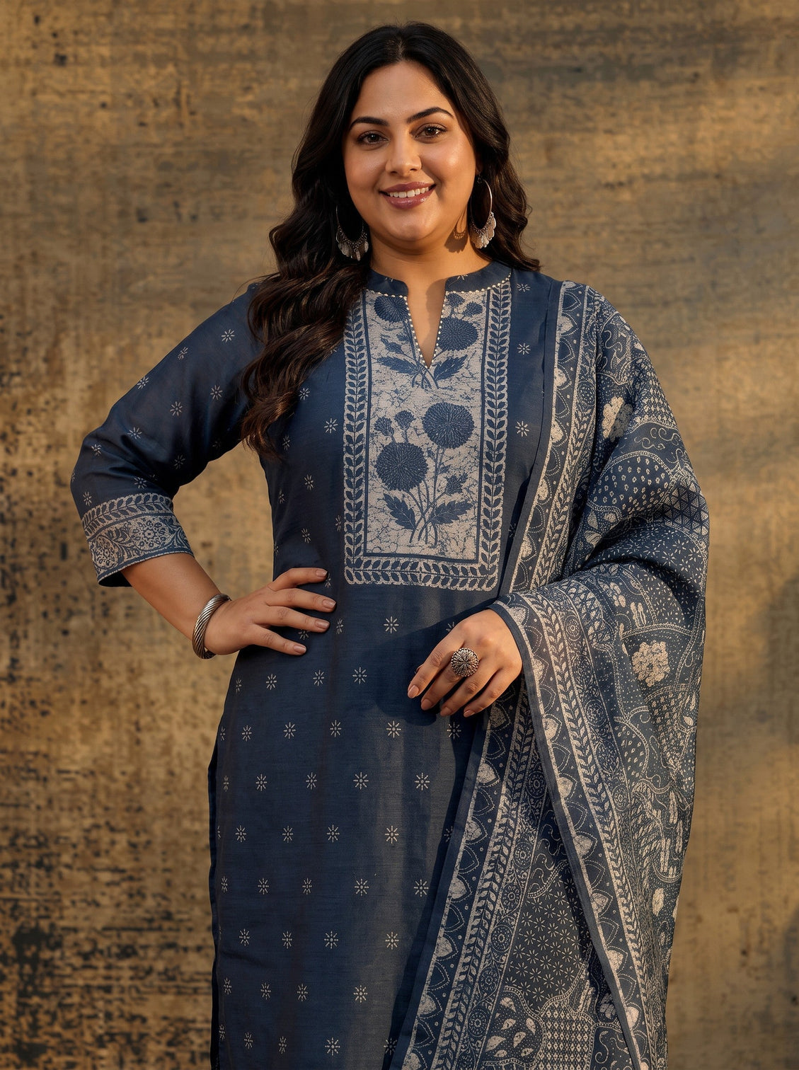 Plus Size Indigo Blue Floral Printed Chanderi Silk Straight Suit Set