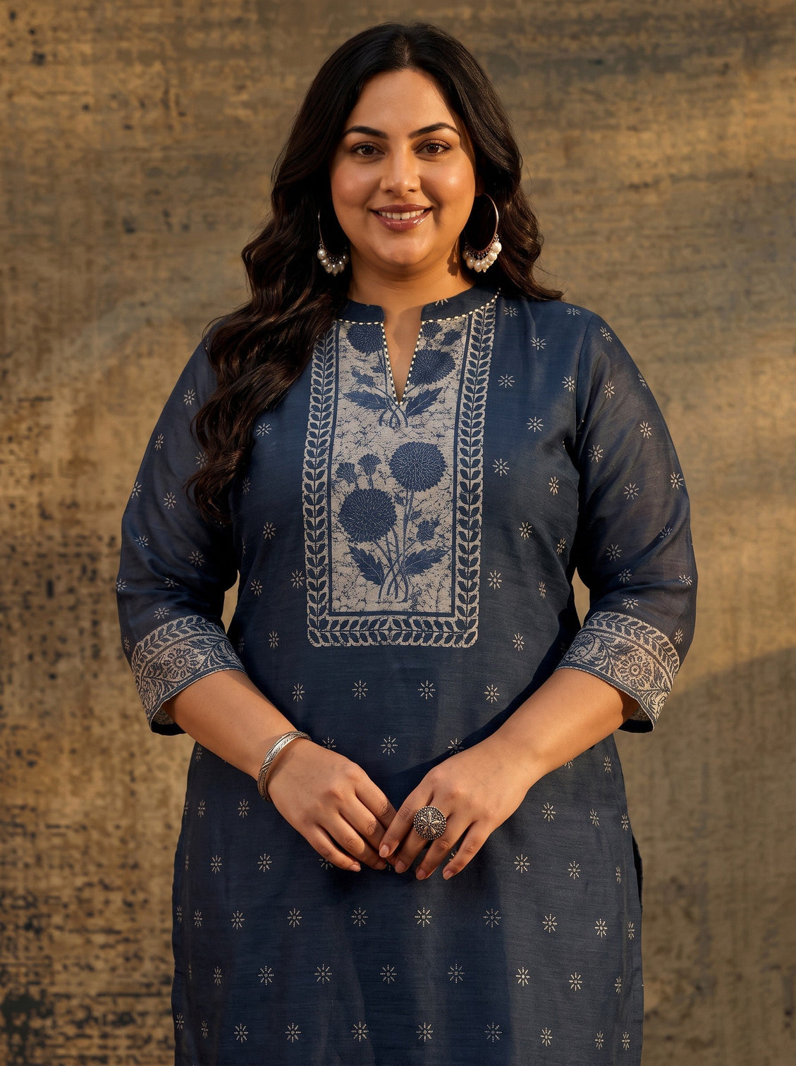 Plus Size Indigo Blue Floral Printed Chanderi Silk Straight Suit Set
