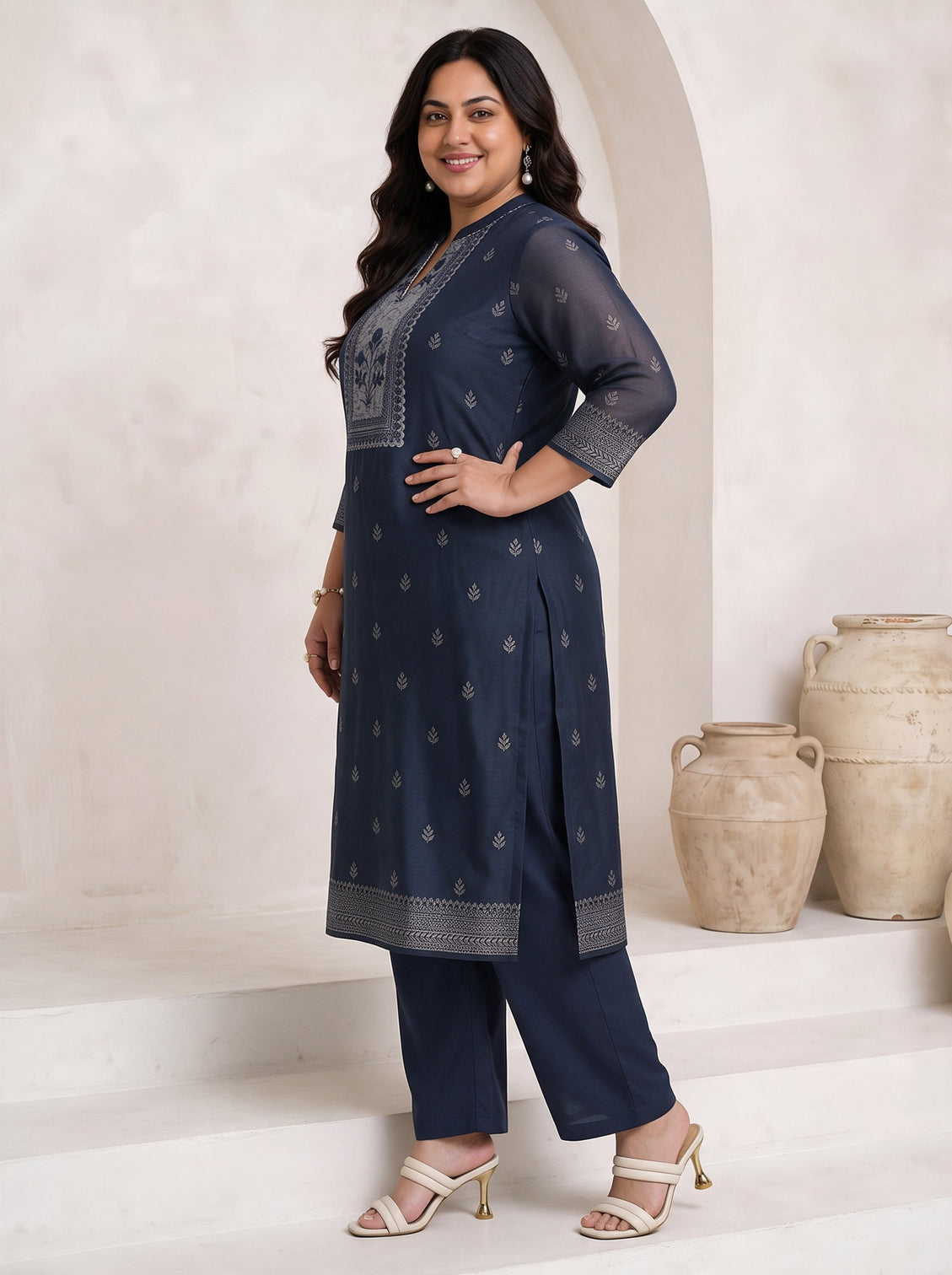 Plus Size Teal Blue Floral Printed Chanderi Silk Straight Suit Set