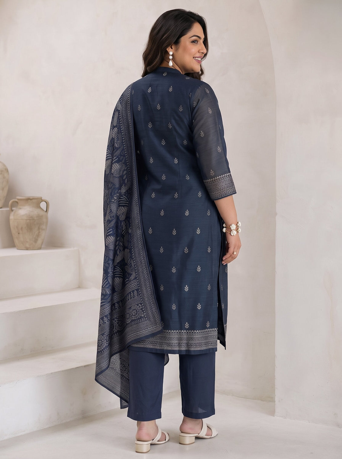 Plus Size Teal Blue Floral Printed Chanderi Silk Straight Suit Set