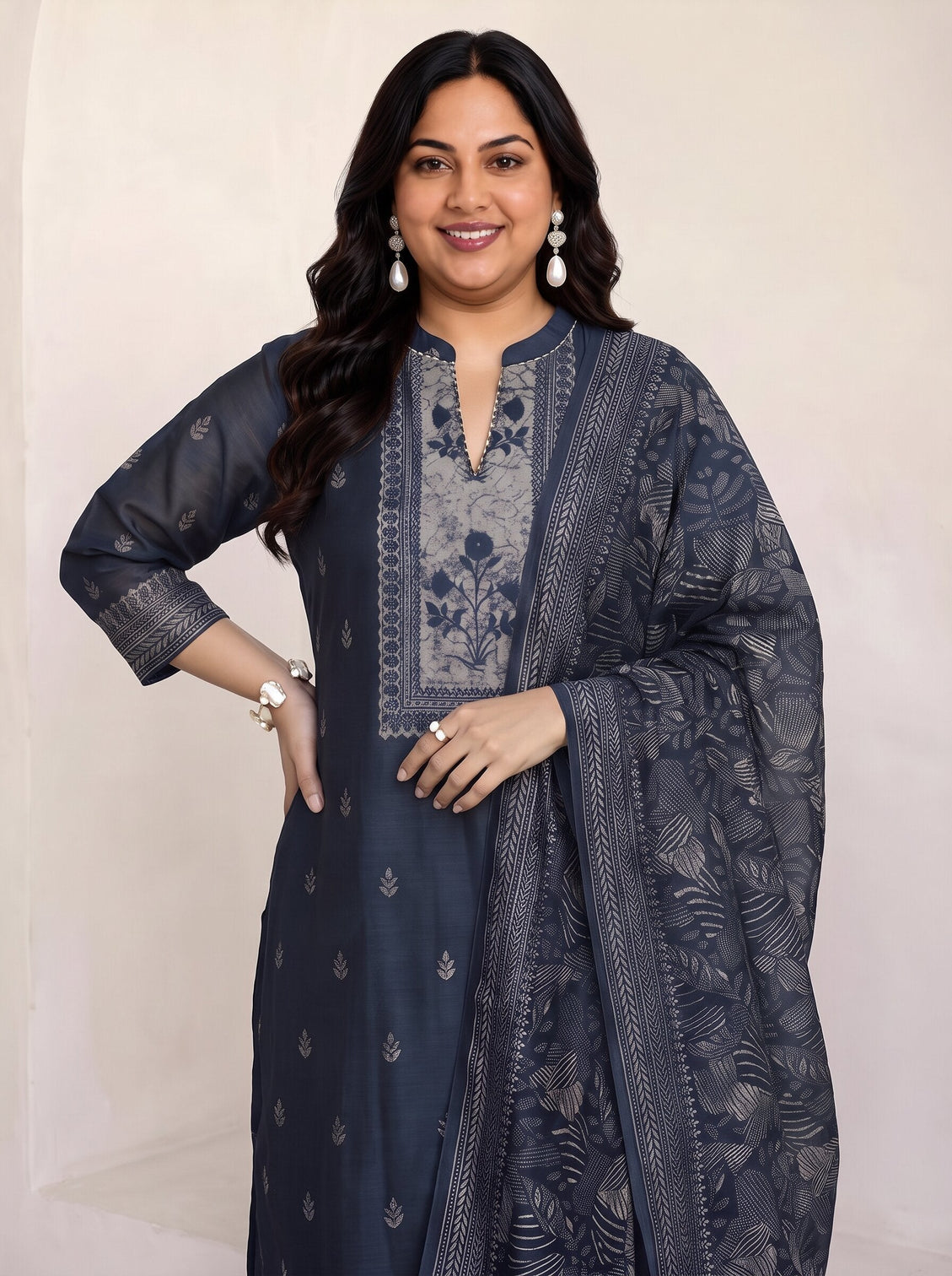 Plus Size Teal Blue Floral Printed Chanderi Silk Straight Suit Set