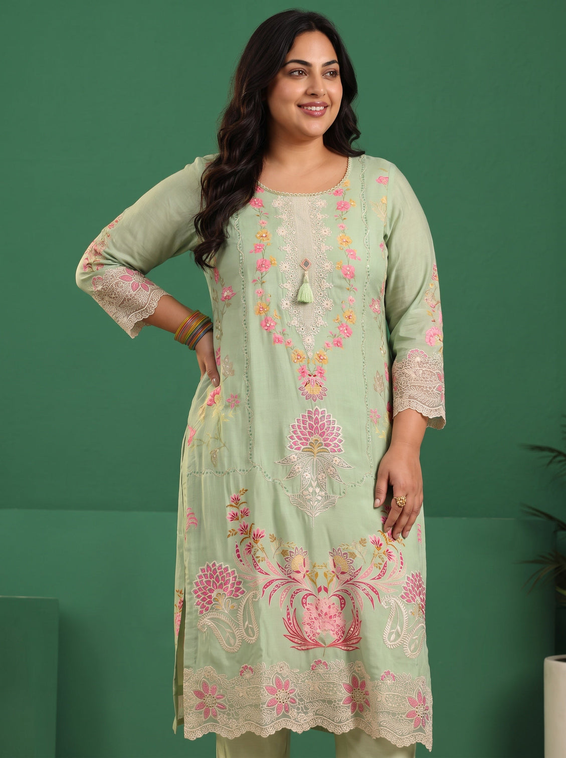 Plus Size Pista Green Floral Embroidered Crepe Straight Suit Set