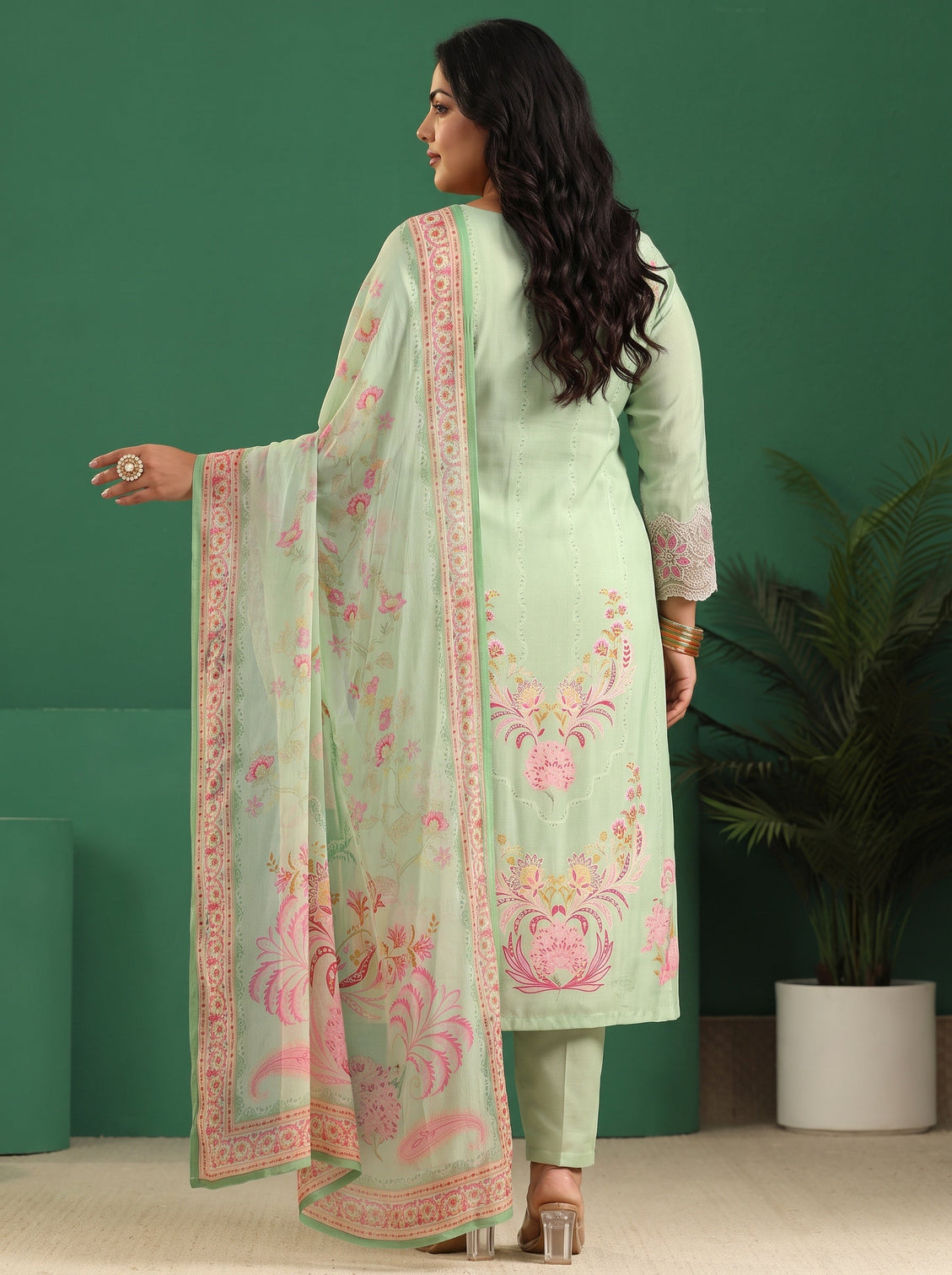 Plus Size Pista Green Floral Embroidered Crepe Straight Suit Set