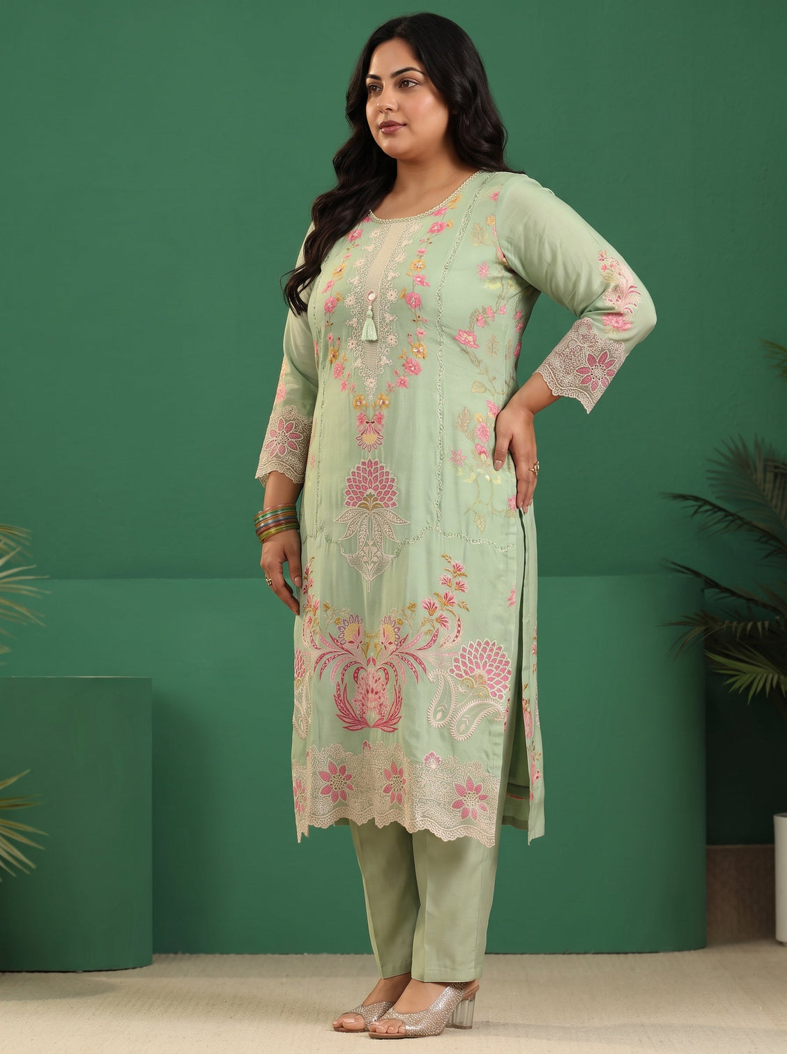 Plus Size Pista Green Floral Embroidered Crepe Straight Suit Set