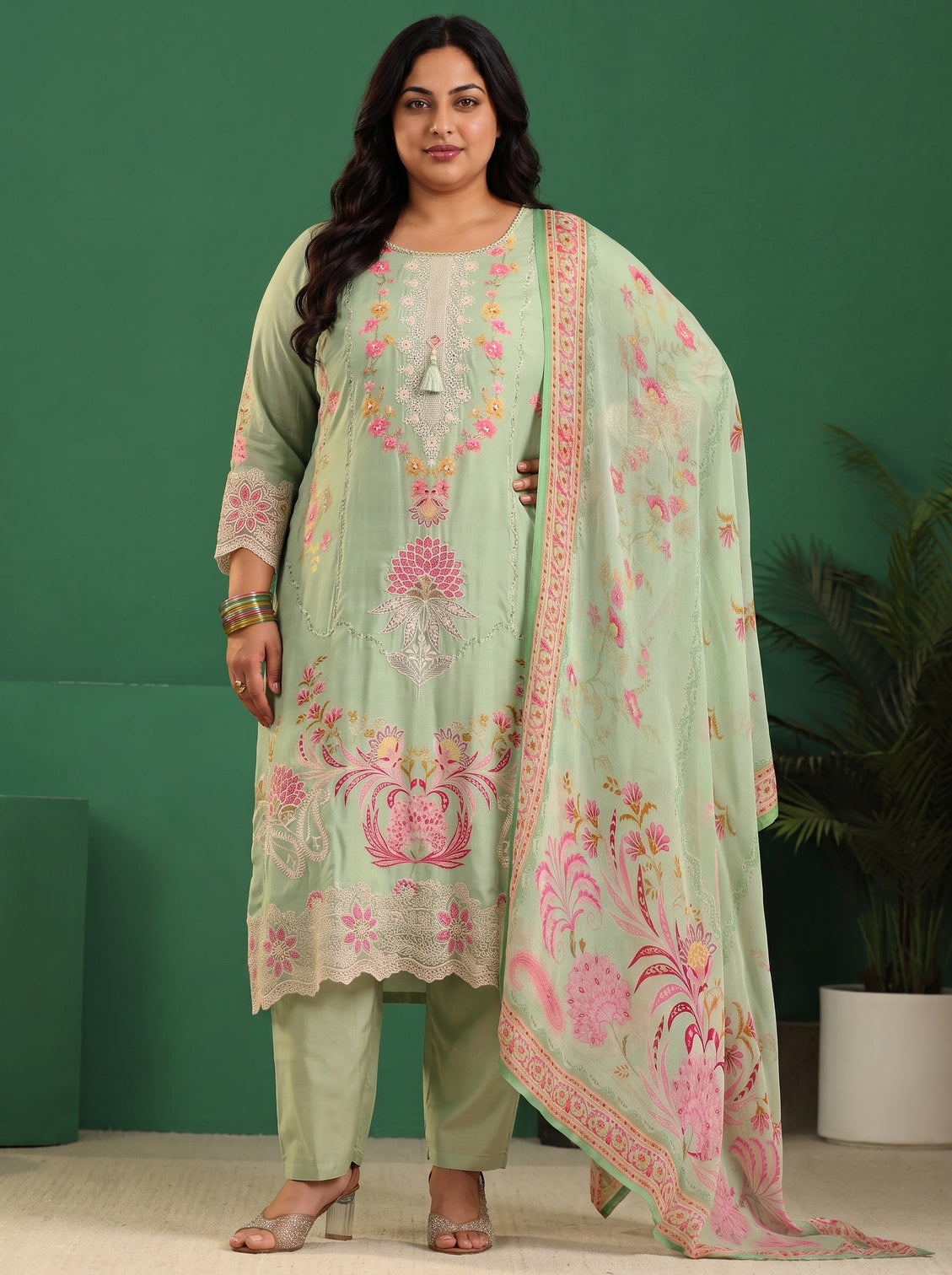 Plus Size Pista Green Floral Embroidered Crepe Straight Suit Set