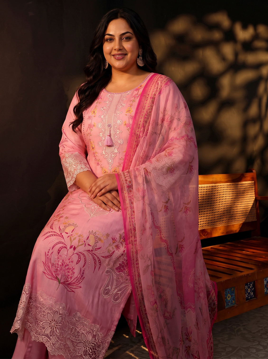 Plus Size Pink Floral Embroidered Crepe Straight Suit Set