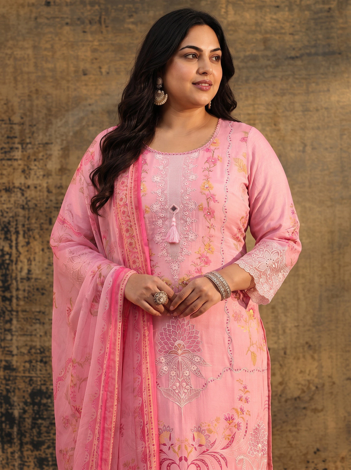 Plus Size Pink Floral Embroidered Crepe Straight Suit Set