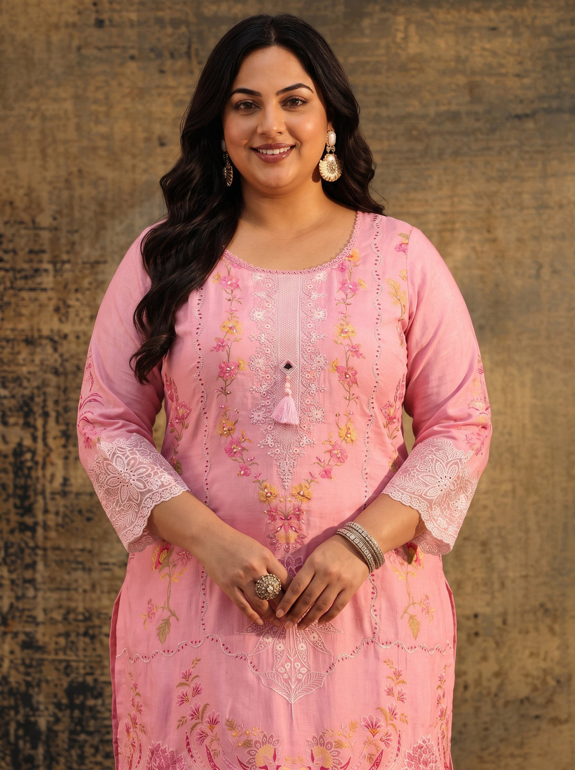 Plus Size Pink Floral Embroidered Crepe Straight Suit Set