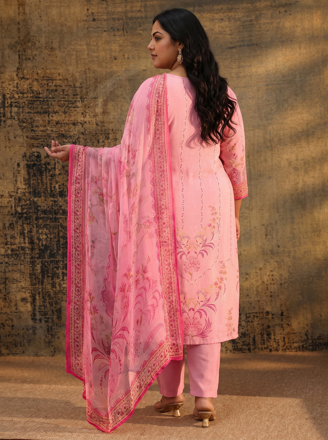 Plus Size Pink Floral Embroidered Crepe Straight Suit Set