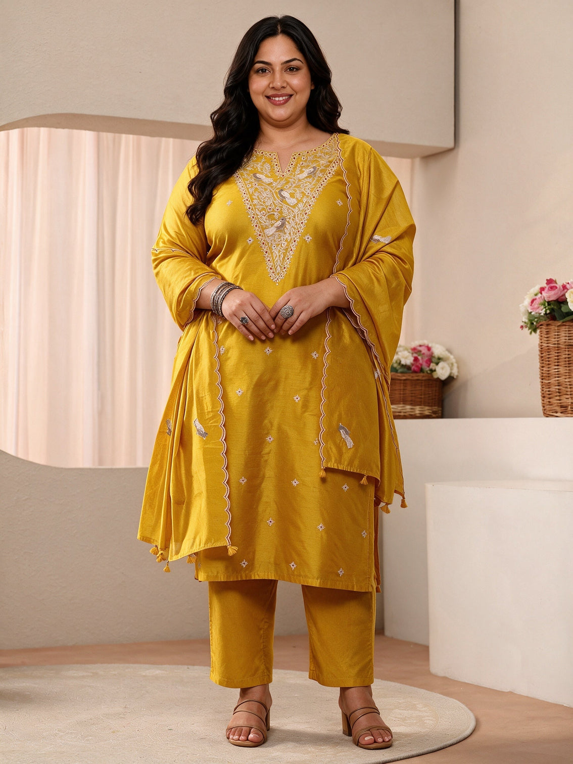 Plus Size Yellow Floral Embroidered Chanderi Silk Straight Suit Set